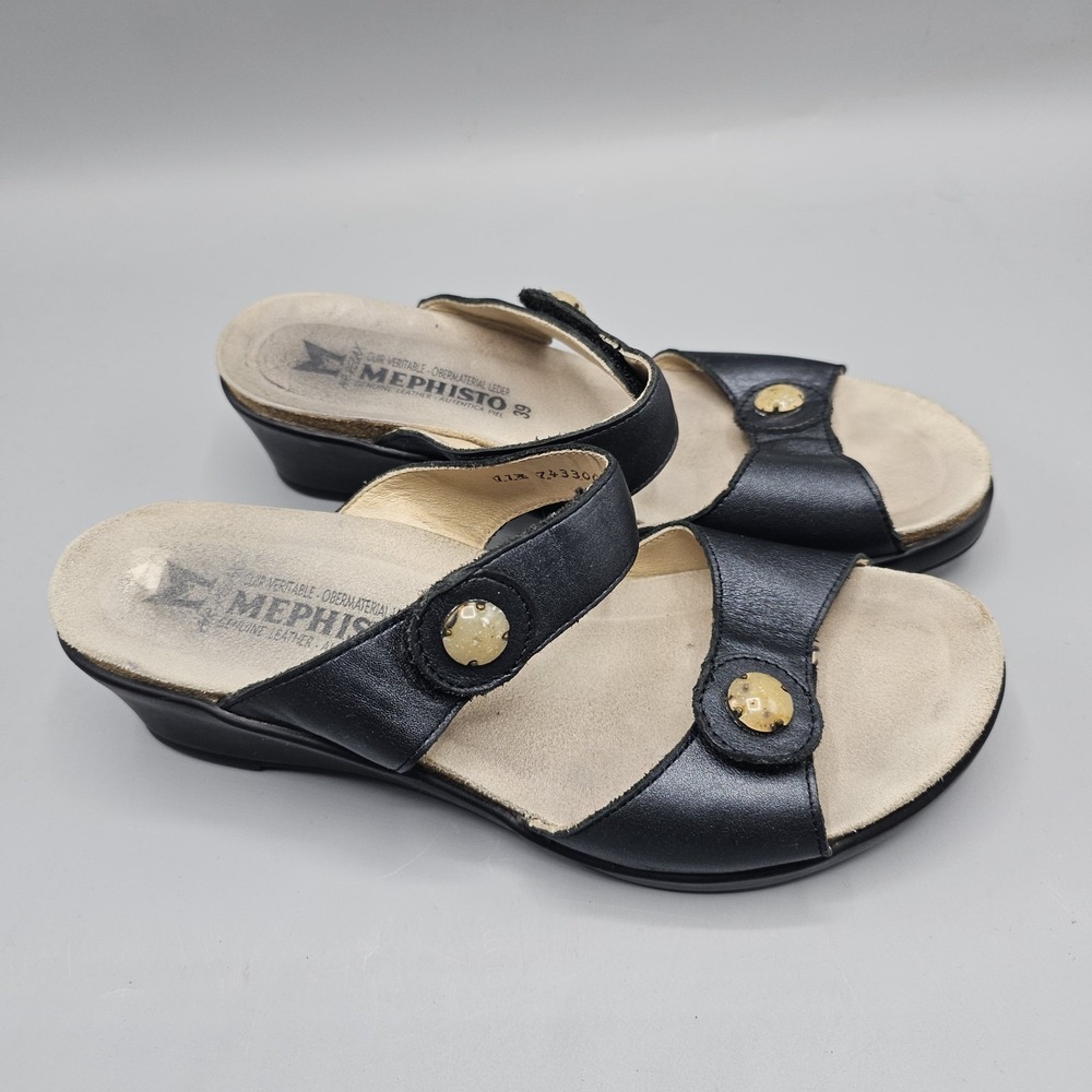 Mephisto Sandal Women's 8.5 Wedge Heel Black Leather Cork Strappy EU 39